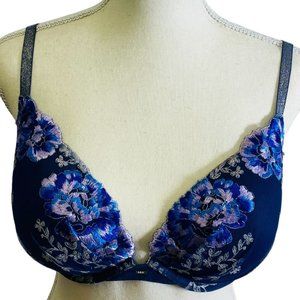 Victoria's Secret Embroidered Blue Plunge Push-up Bra Size 34DD
